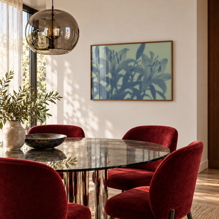 Sage Lily Print styled in a dining room (frame not included)