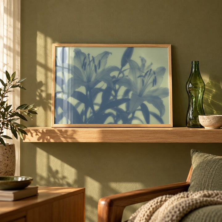 Sage Lily Print styled on a shelf against a green wall (frame not included)