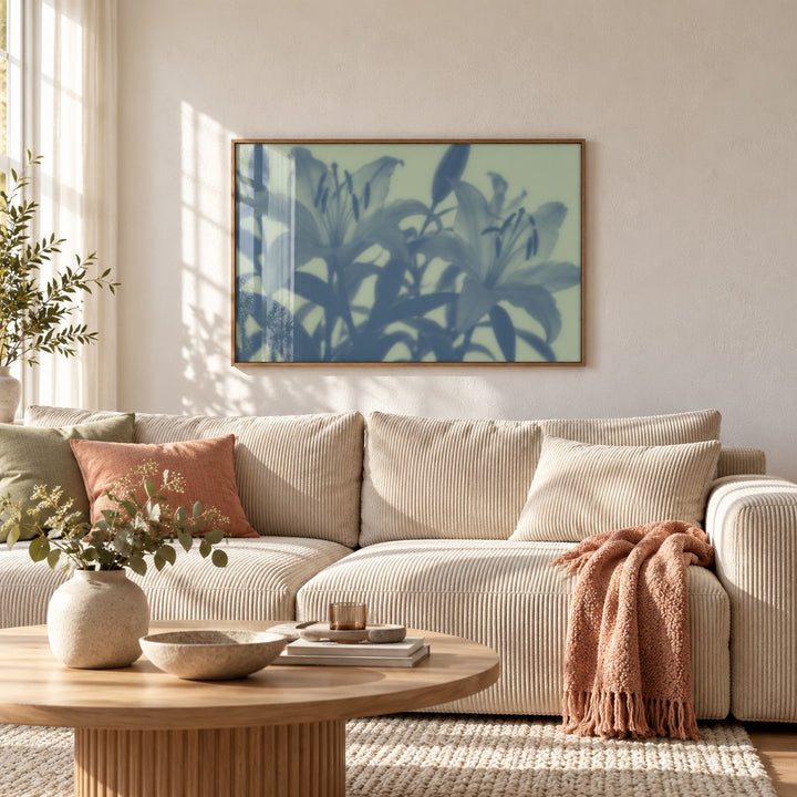Sage Lily Print styled in a living room (frame not included)
