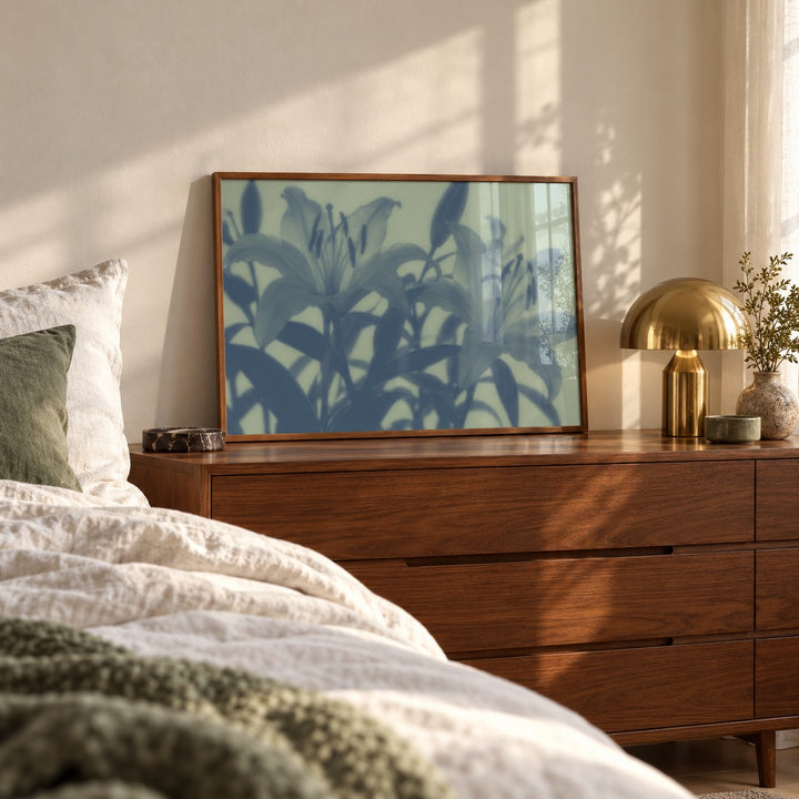 Sage Lily Print styled in a bedroom (frame not included)
