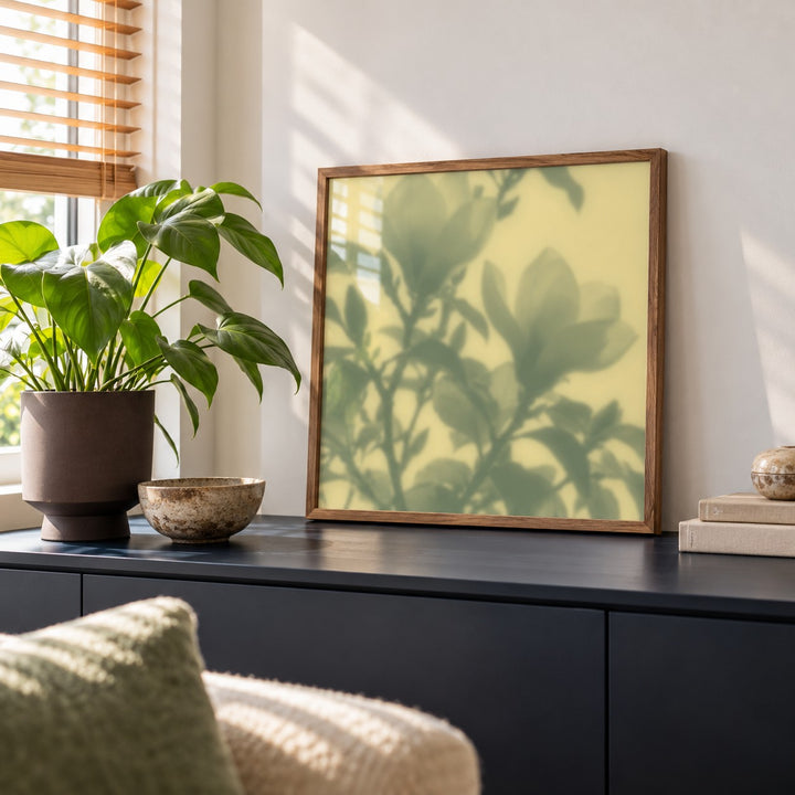 Sage Magnolia Print styled on a black sideboard (frame not included)