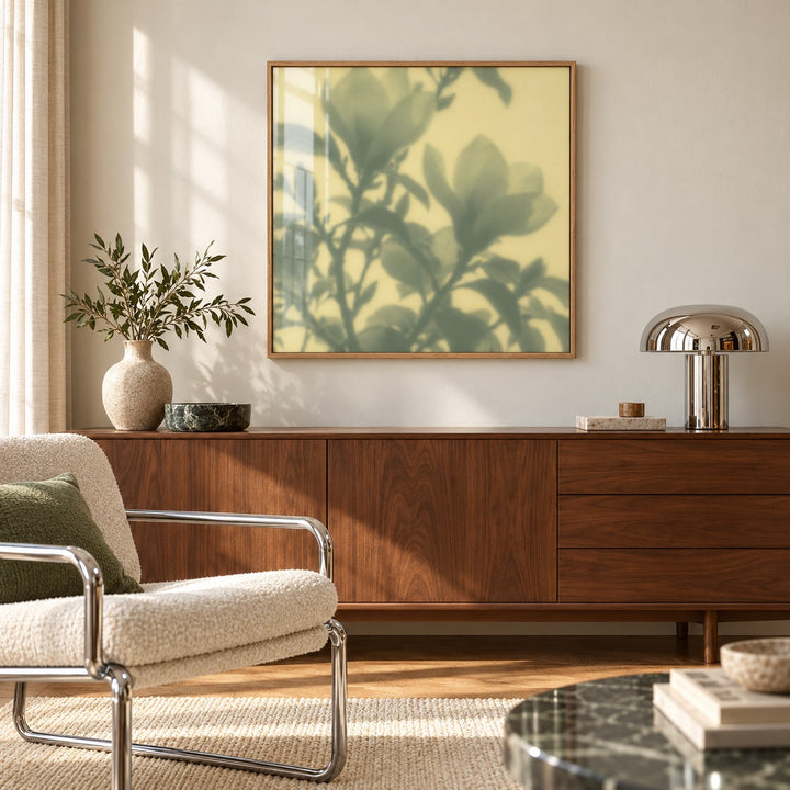 Sage Magnolia Print styled above a sideboard (frame not included)