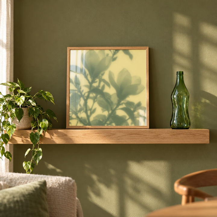 Sage Magnolia Print styled on a shelf against a green wall (frame not included)