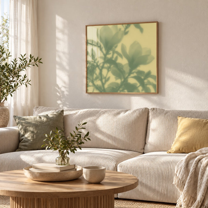 Sage Magnolia Print styled in a living room (frame not included)