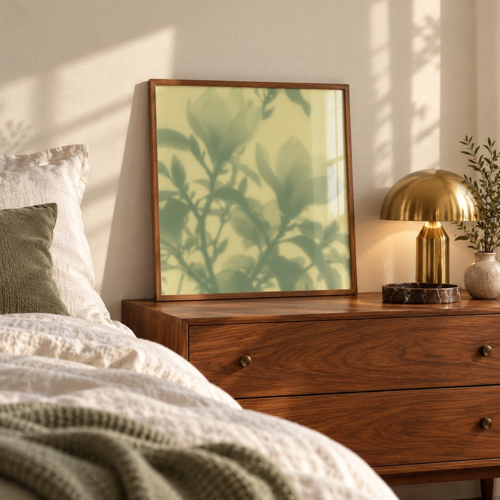 Sage Magnolia Print styled in a bedroom (frame not included)