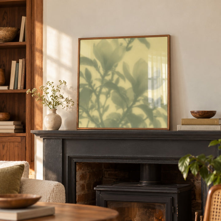 Sage Magnolia Print styled on a mantelpiece (frame not included)