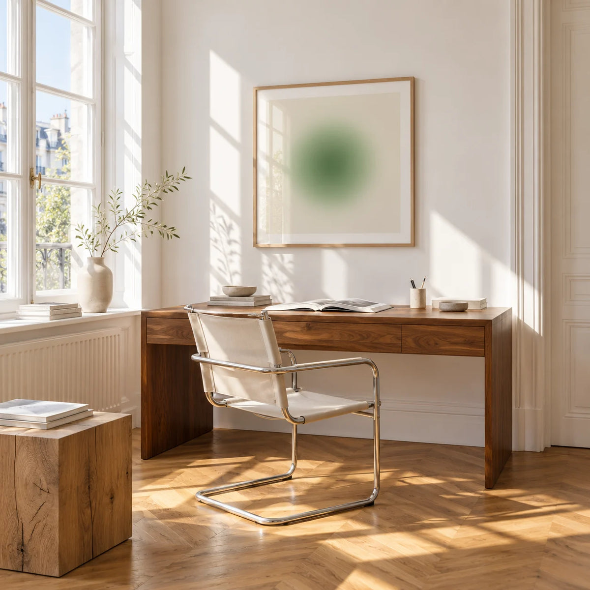 Sage Wall Art, framed on the wall of a bright study corner with a tall white paned window
