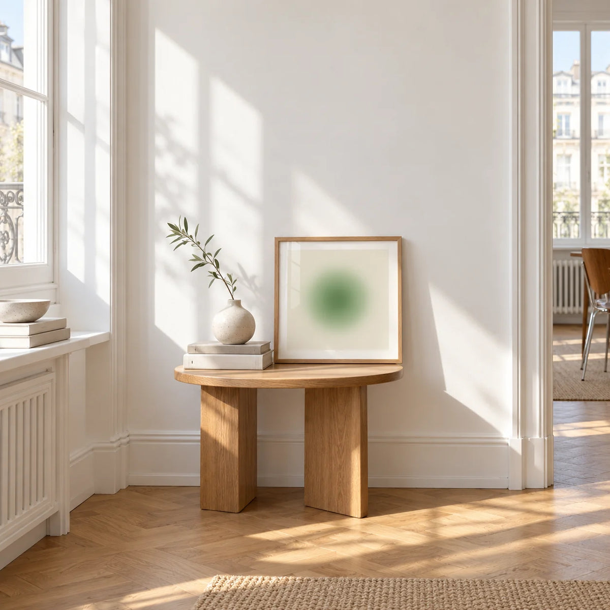 Sage Wall Art, a small square framed print leaning on a small solid oak side table