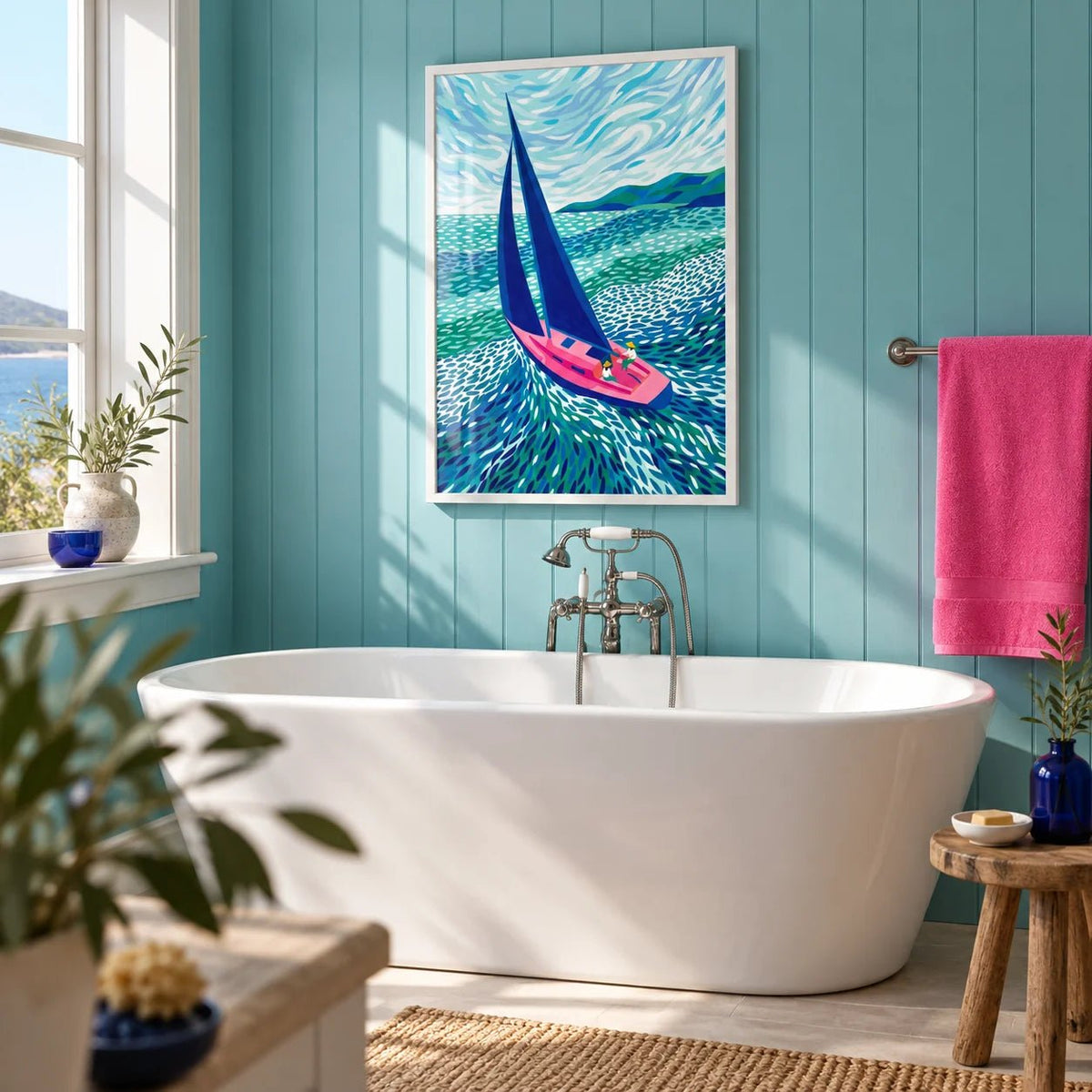 Sailboat Art Print, framed on the wall of a coastal bathroom with turquoise painted tongue-and-groove panelling