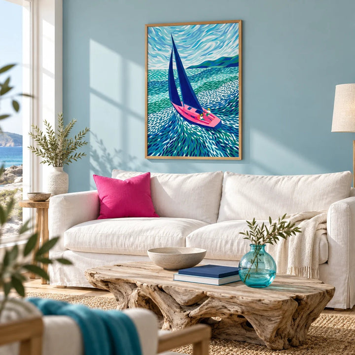 Sailboat Art Print, framed on the wall of a coastal living room with a soft sea blue painted wall