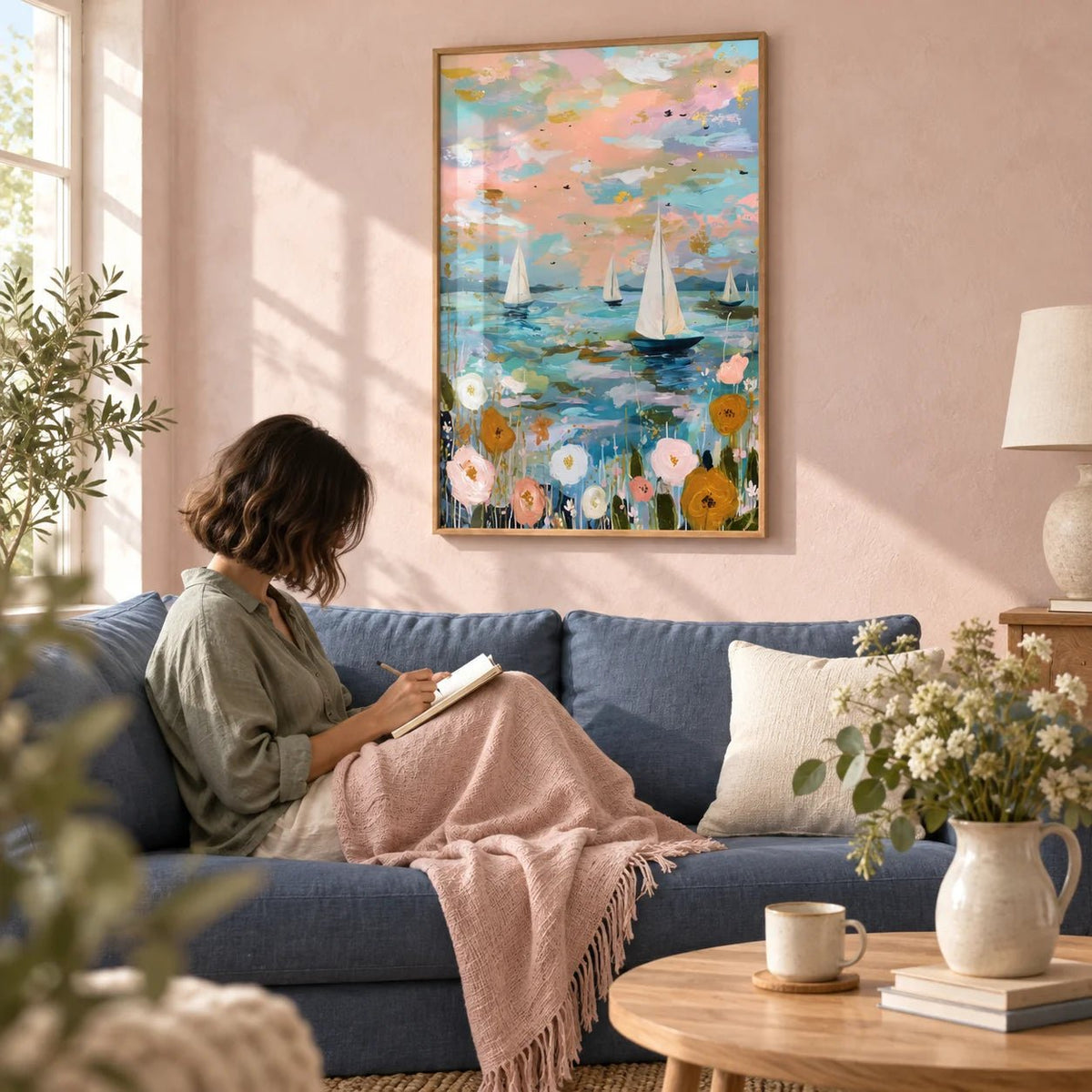 Sailboat Wall Art, framed on the wall of a bright living room with a pale blush pink limewashed wall