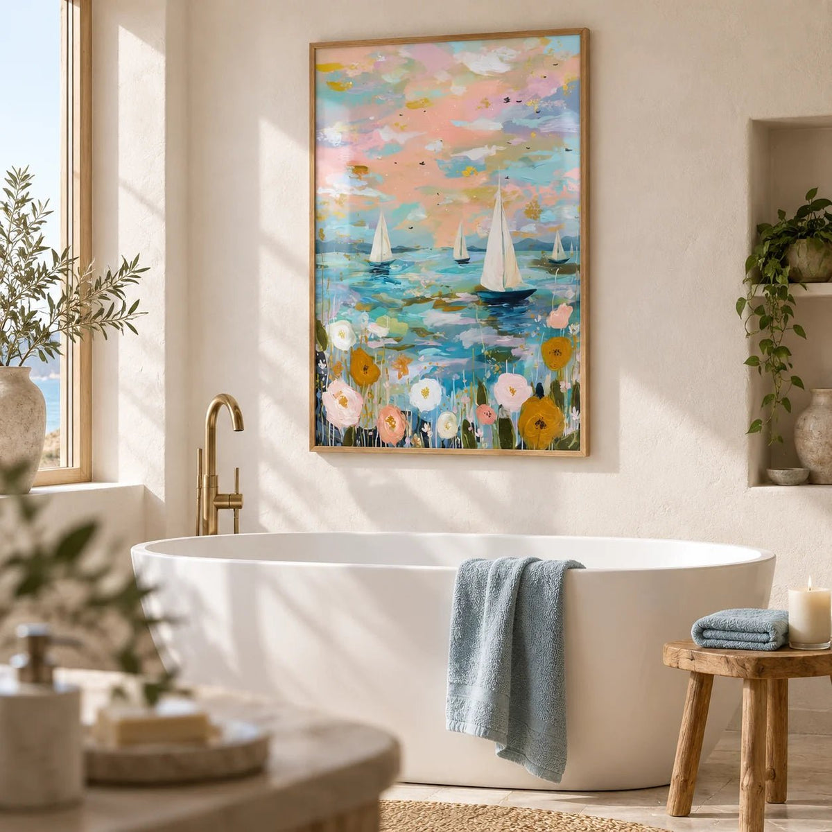 Sailboat Wall Art, framed on the wall of a calm coastal bathroom with warm white plaster walls