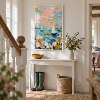 Sailboat Wall Art, framed on the wall of a cottage hallway with white painted walls