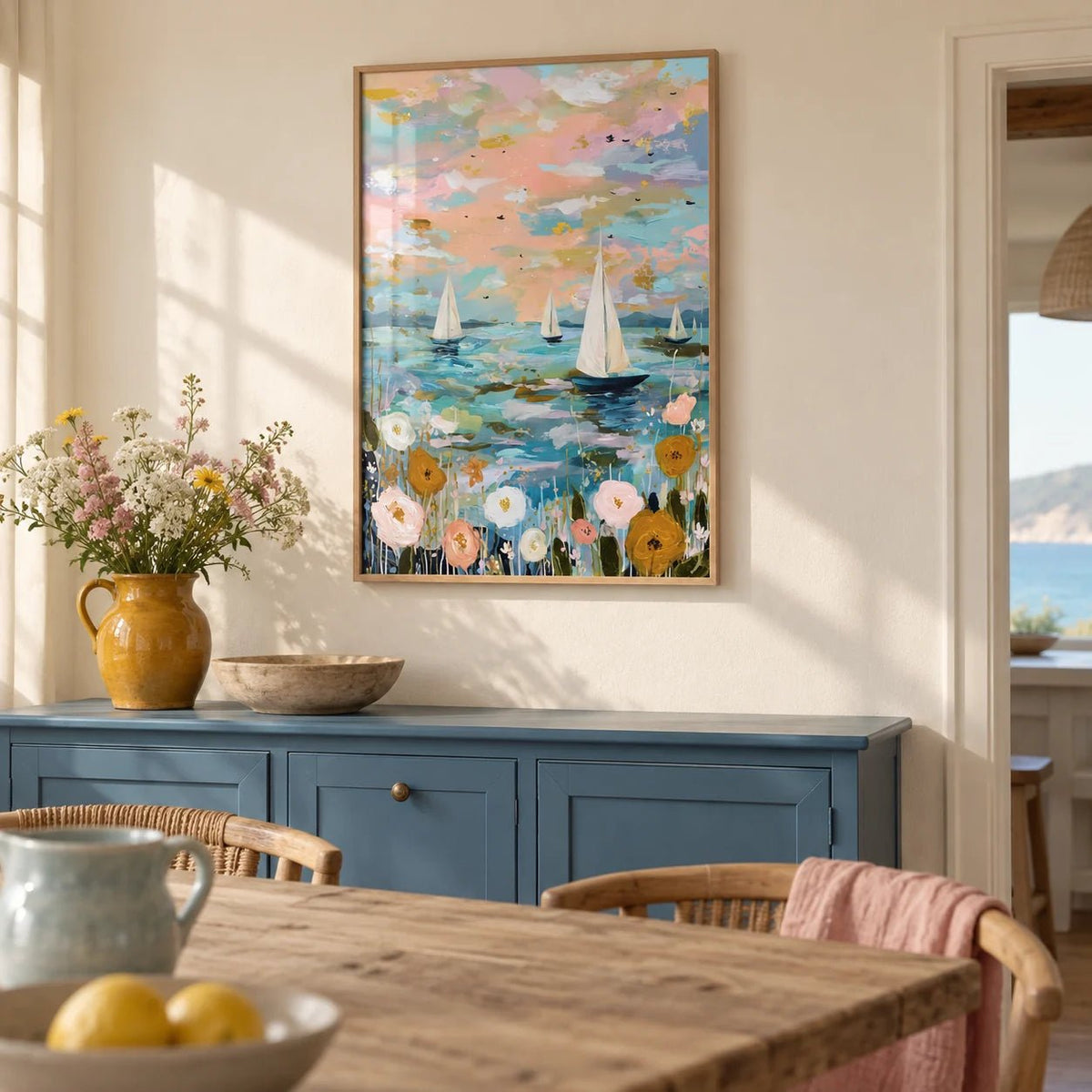 Sailboat Wall Art, framed on the wall of a seaside cottage dining room with a cream wall