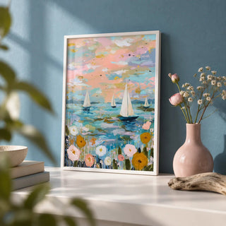 Sailboat Wall Art, a small A4 framed print leaning on a white shelf in a living room