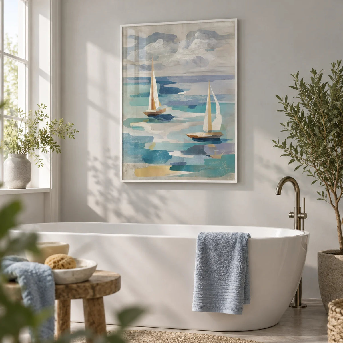 Sailboat Water Art, framed on the wall of a calm bathroom with a pale grey painted wall