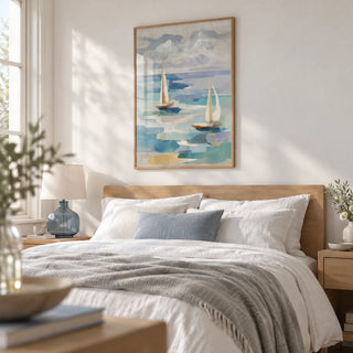 Sailboat Water Art, framed on the wall of a calm bedroom with a white wall