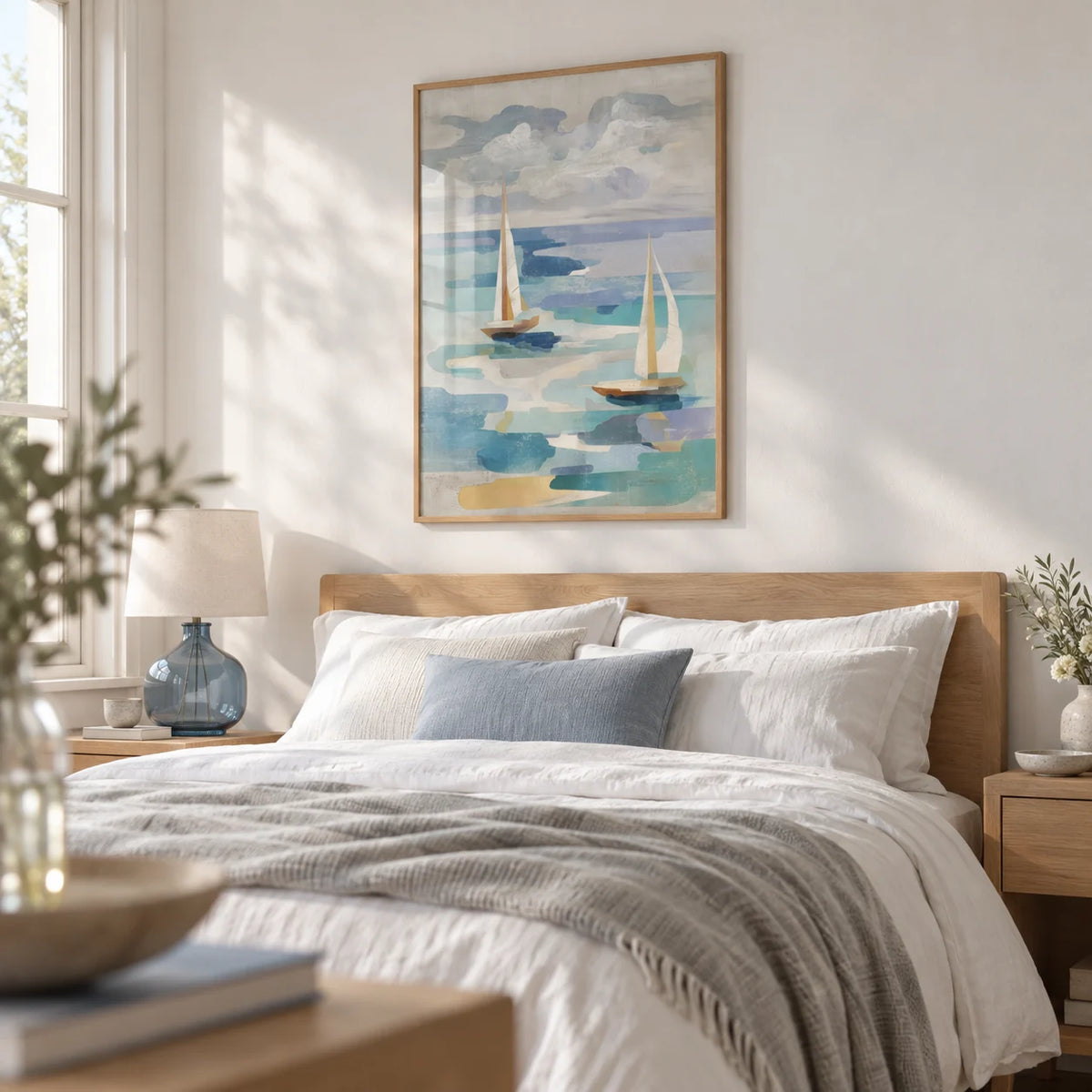 Sailboat Water Art, framed on the wall of a calm bedroom with a white wall