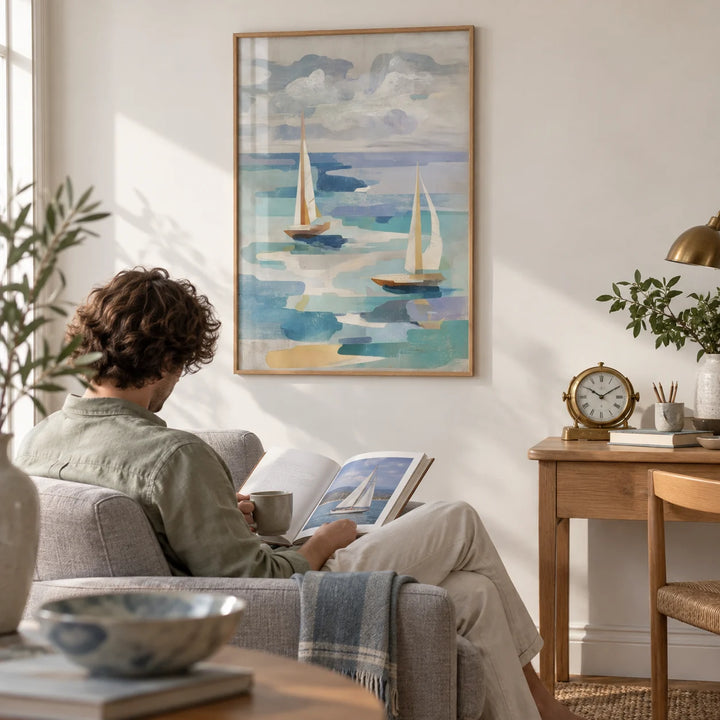 Sailboat Water Art, framed on the wall of a calm study with a white wall