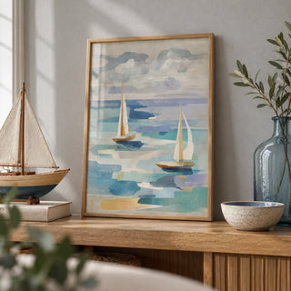 Sailboat Water Art, a small A4 framed print leaning on an oak shelf in a living room