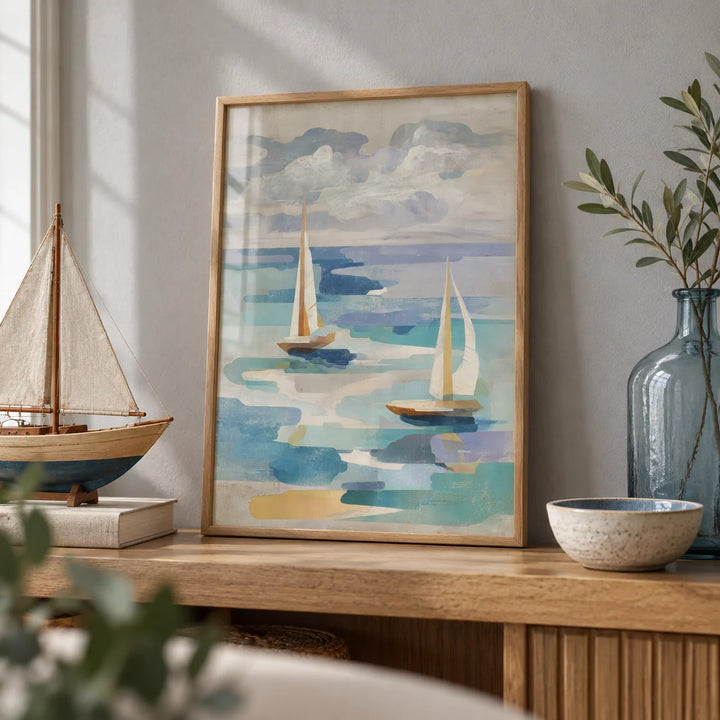 Sailboat Water Art, a small A4 framed print leaning on an oak shelf in a living room