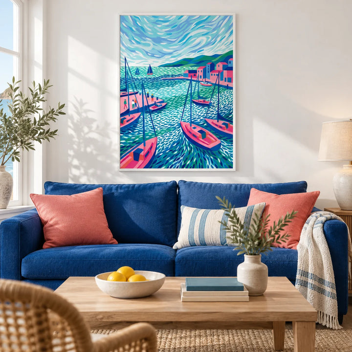 Sailboats Wall Art, framed on the wall of a seaside living room with a white wall