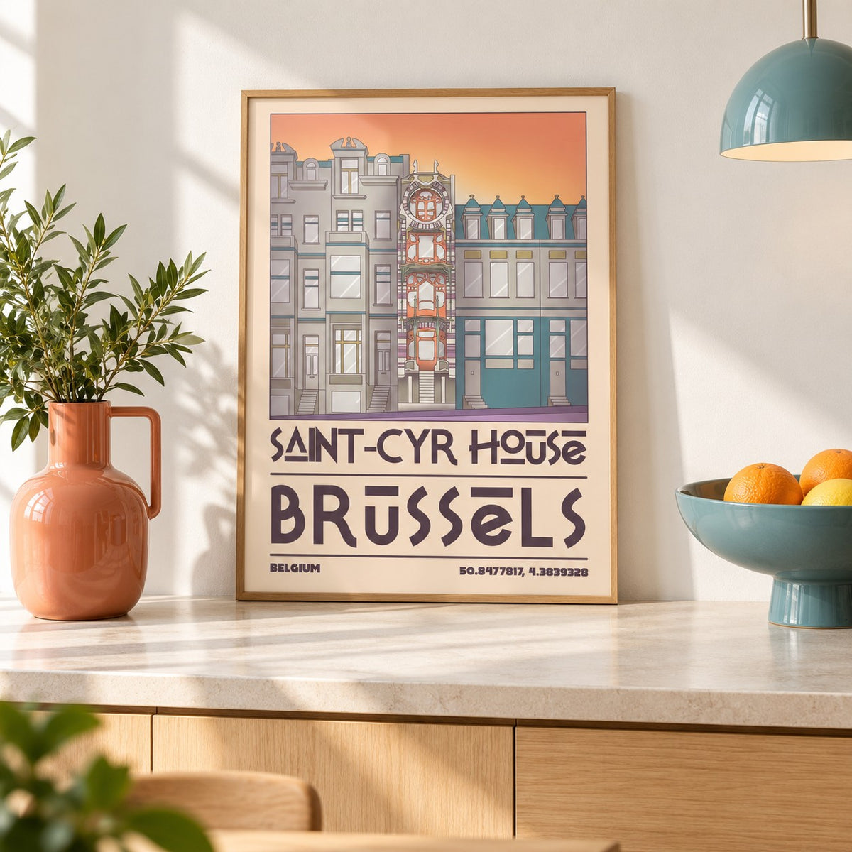 Saint Cyr House Poster shown in a kitchen, leaning on the counter (frame not included)