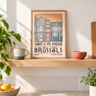 Saint Cyr House Poster shown in the small A4 size on a kitchen shelf (frame not included)