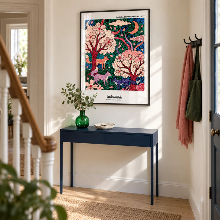 Sakura Spirit Wall Art, framed on the wall of a bright entrance hallway in a renovated UK terrace with warm white walls and pale oak floorboards