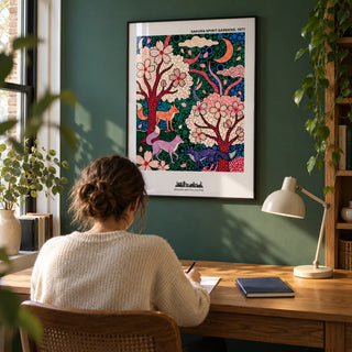 Sakura Spirit Wall Art, framed on the wall of a compact adult study in a UK flat with a muted emerald wall and a broad oak desk