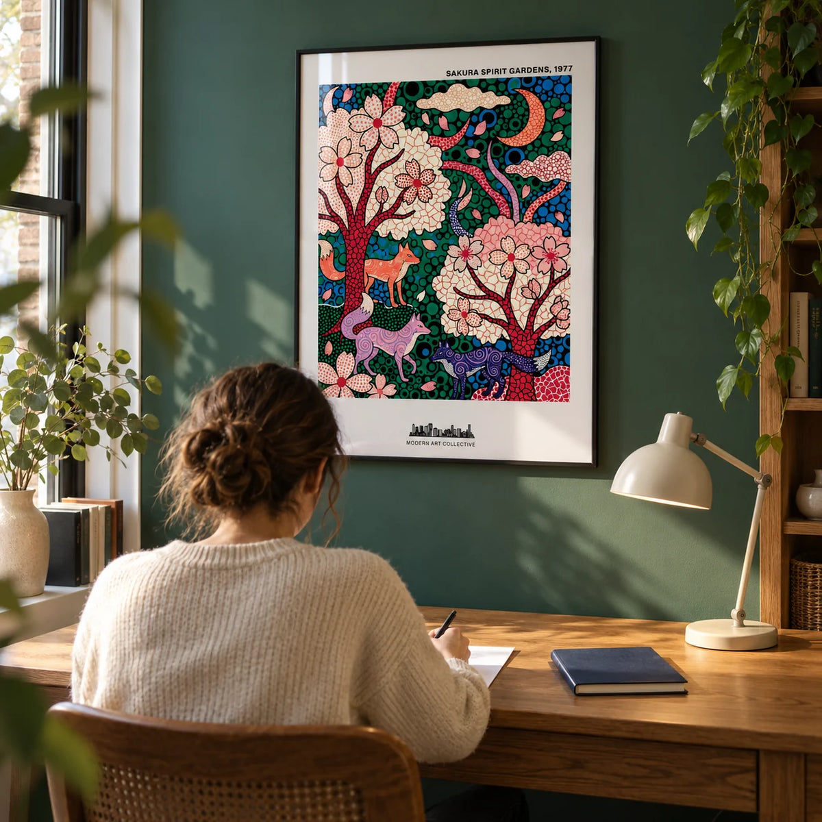 Sakura Spirit Wall Art, framed on the wall of a compact adult study in a UK flat with a muted emerald wall and a broad oak desk