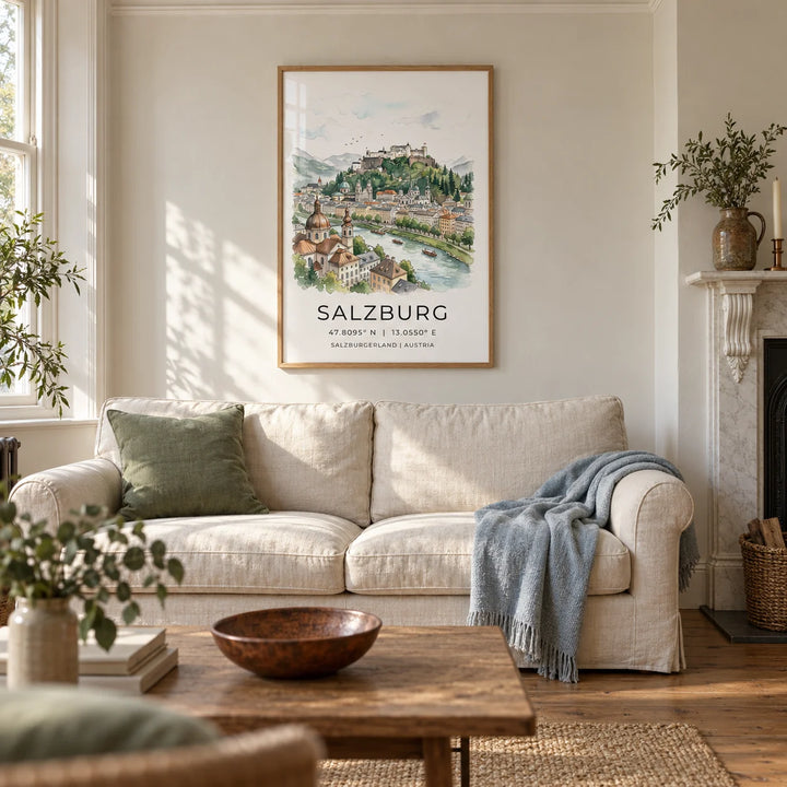 Salzburg City Print, framed on the wall of a calm living room in a UK Victorian terrace with warm white plaster walls and an oak floor