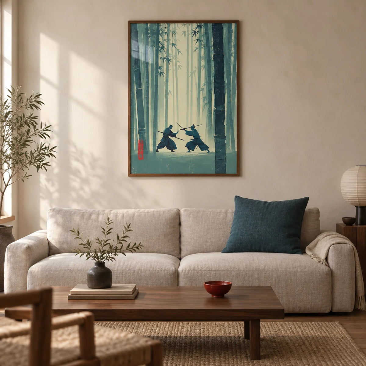 Samurai Bamboo Wall Art, framed on the wall of a calm Japanese-influenced living room in a UK city flat with pale plaster walls and a walnut floor