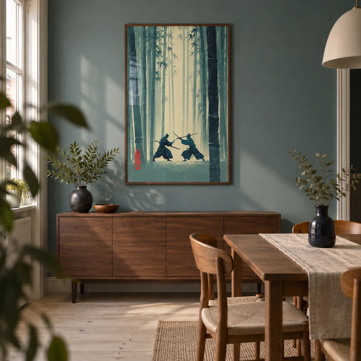 Samurai Bamboo Wall Art, framed on the wall of a compact modern dining room in a UK maisonette with muted teal walls and pale timber flooring