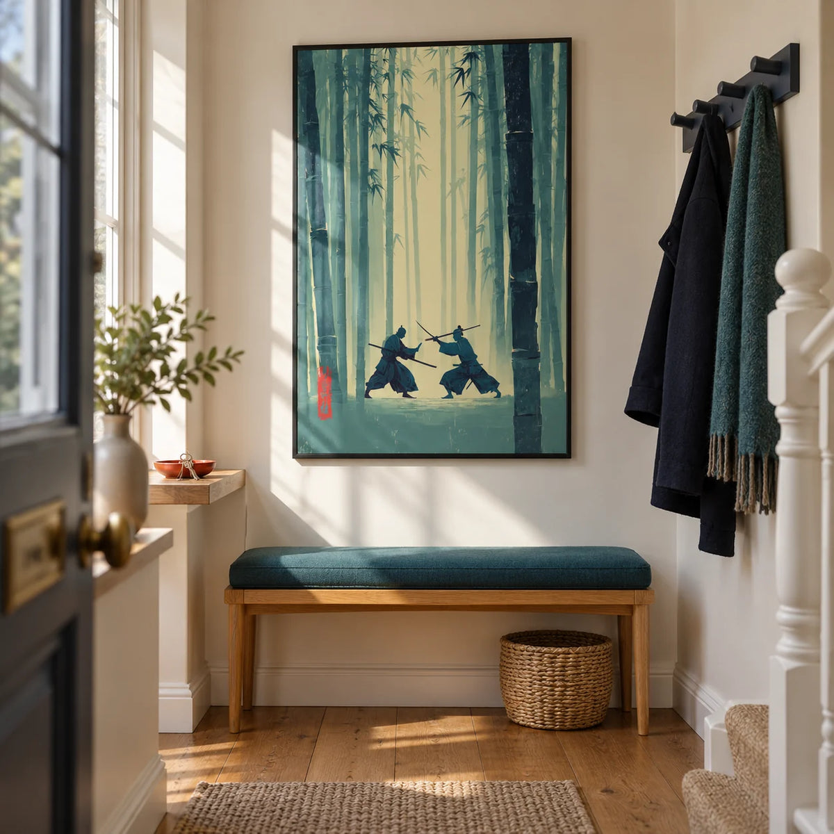 Samurai Bamboo Wall Art, framed on the wall of a narrow entrance hallway in a renovated UK terrace with warm off-white walls and natural oak floorboards