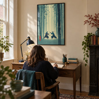 Samurai Bamboo Wall Art, framed on the wall of a quiet home study in a Victorian terrace with a warm pale beige wall and oak floor