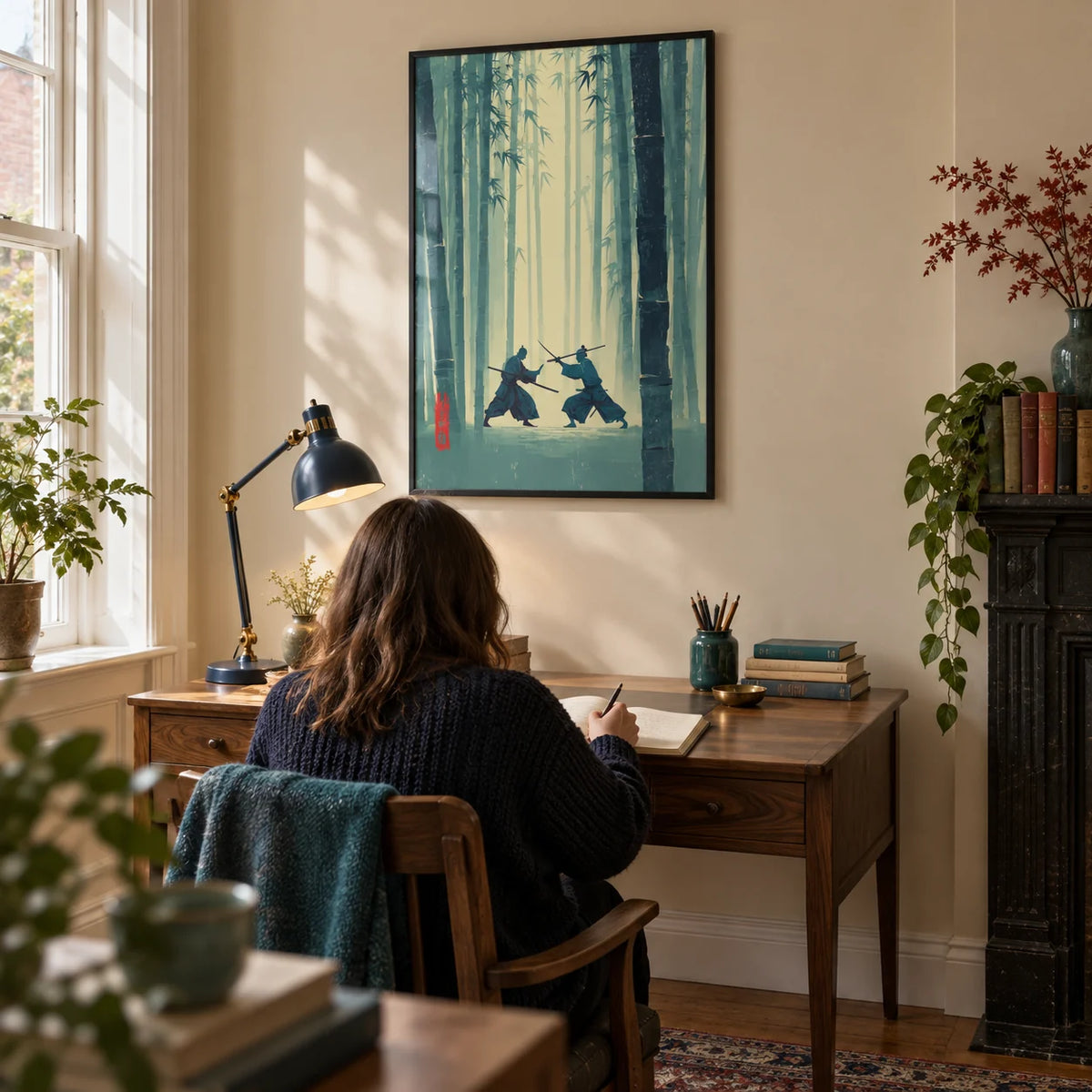 Samurai Bamboo Wall Art, framed on the wall of a quiet home study in a Victorian terrace with a warm pale beige wall and oak floor