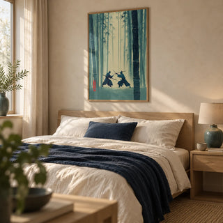 Samurai Bamboo Wall Art, framed on the wall of a restful Japandi bedroom in a young adult's first home (25-35) with pale beige plaster walls