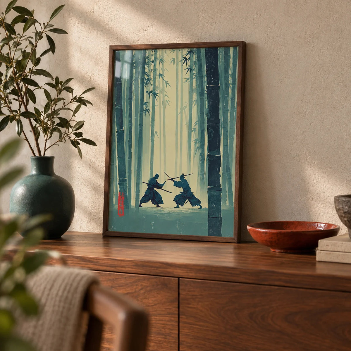 Samurai Bamboo Wall Art, a small A4 framed print leaning on a walnut side table in a hallway