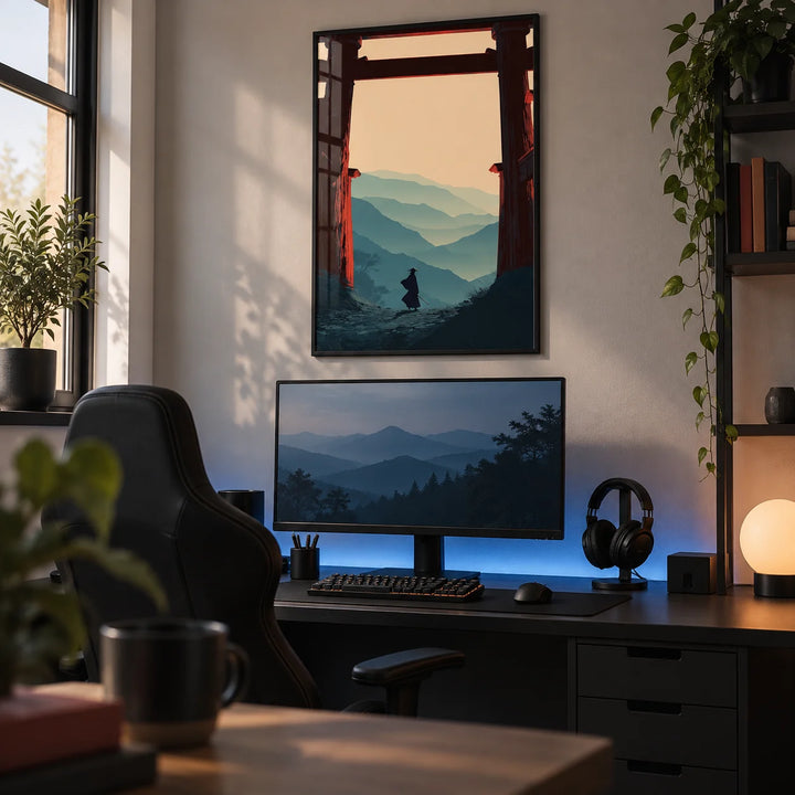 Samurai Mountain Poster, framed on the wall of a gaming and work desk setup