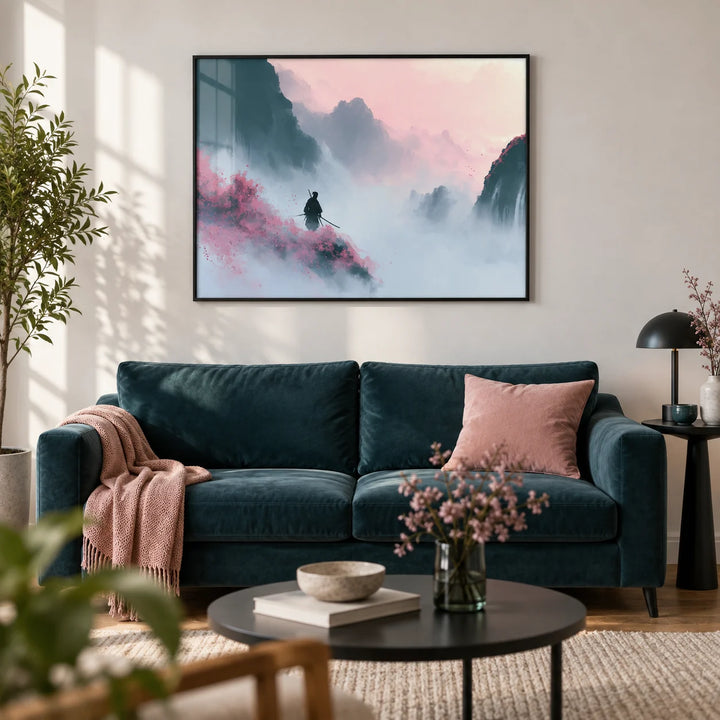 Samurai Mountain Wall Art, framed on the wall of a calm city-flat living room with a white wall