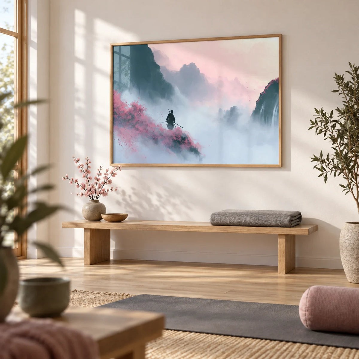 Samurai Mountain Wall Art, framed on the wall of a calm home dojo and stretching room with a white wall and a pale oak floor