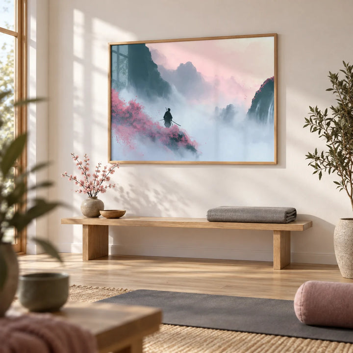 Samurai Mountain Wall Art, framed on the wall of a calm home dojo and stretching room with a white wall and a pale oak floor