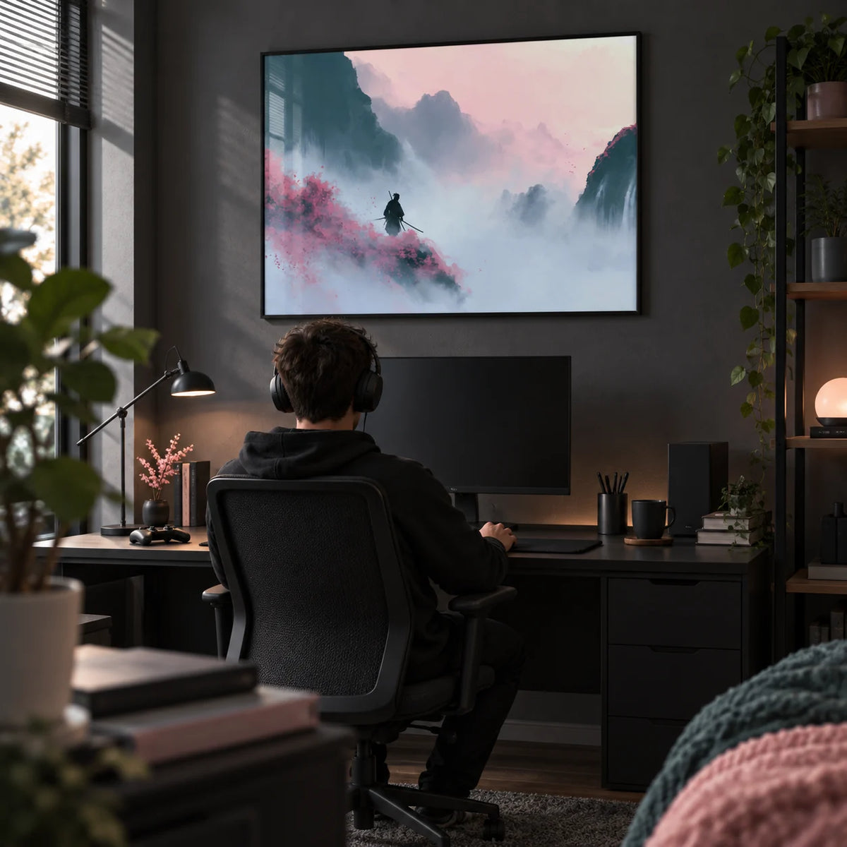 Samurai Mountain Wall Art, framed on the wall of a gaming and study setup with a dark grey wall