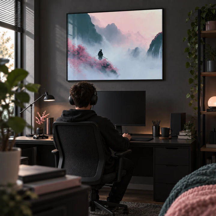 Samurai Mountain Wall Art, framed on the wall of a gaming and study setup with a dark grey wall