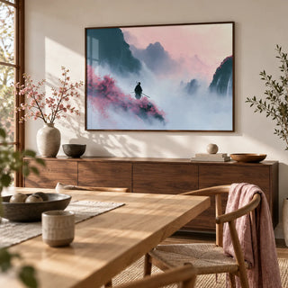 Samurai Mountain Wall Art, framed on the wall of a Japandi dining room with a warm white wall
