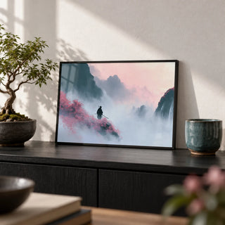 Samurai Mountain Wall Art, a small A4 framed print leaning on a black shelf in a living room