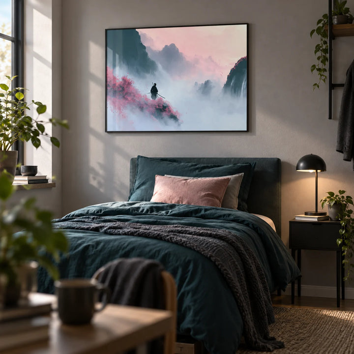 Samurai Mountain Wall Art, framed on the wall of a young man's single bedroom (18-25) with a soft grey wall