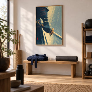 Katana Wall Art, framed on the wall of a home training room with pale oak floor and white walls