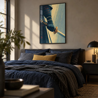Katana Wall Art, framed on the wall of a masculine bedroom